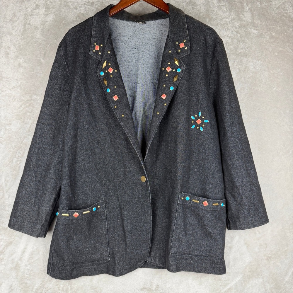 western vintage Denim Blazer Dark Wash Studded Turquoise Southwestern Jacket